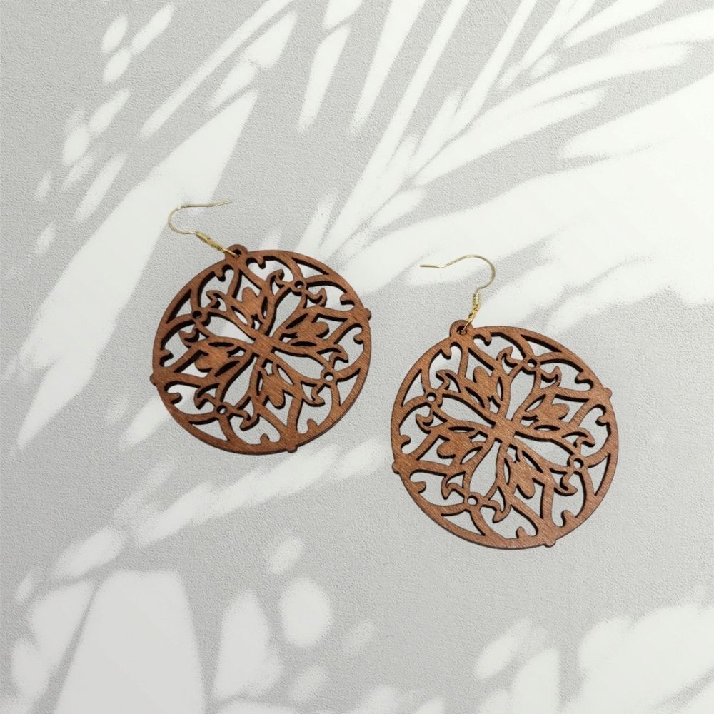 Bohemian Floral Circular Wood Dangle Earrings Chandelier Sterling Silver Hook